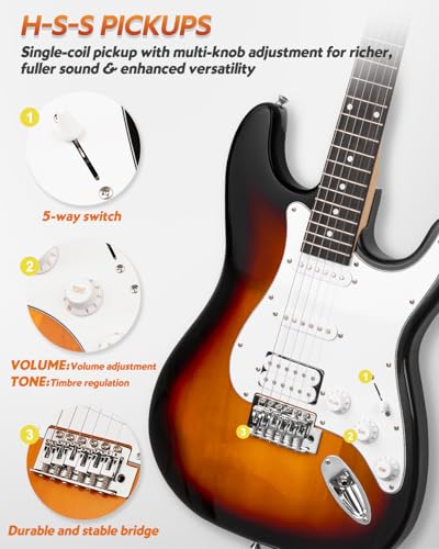 39" Full Size Electric Guitar HSS Pick Up with 10W Amp, Bag, Digital Tuner, Capo, Strap, String, Cable, Picks J817