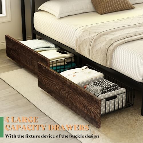 Full Size Bed Frame with Bookcase Headboard, 4 Storage Drawers, Wooden Platform Bed with Charging Station & LED Light, Rustic Brown W842