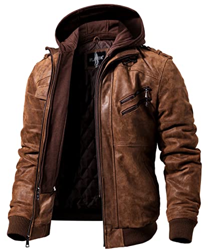 Brown Leather Motorcycle Jacket with Removable Hood G595560