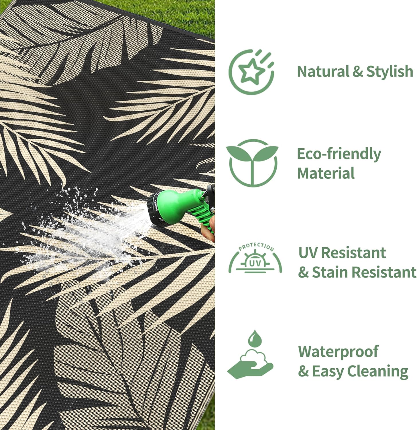 9' x 18' Waterproof Reversible Outdoor Rug Black Beige R2779