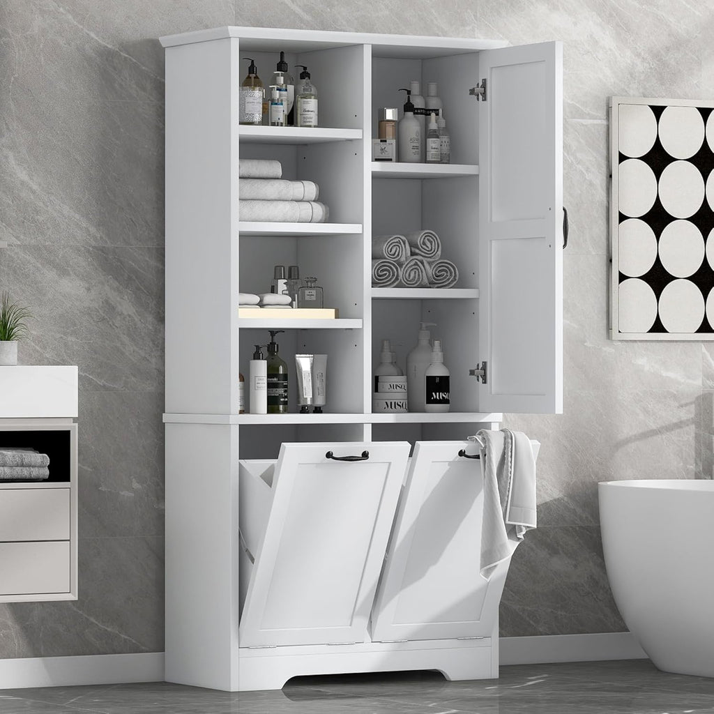 White Tall Bathroom Storage Cabinet with Laundry Hamper G1606