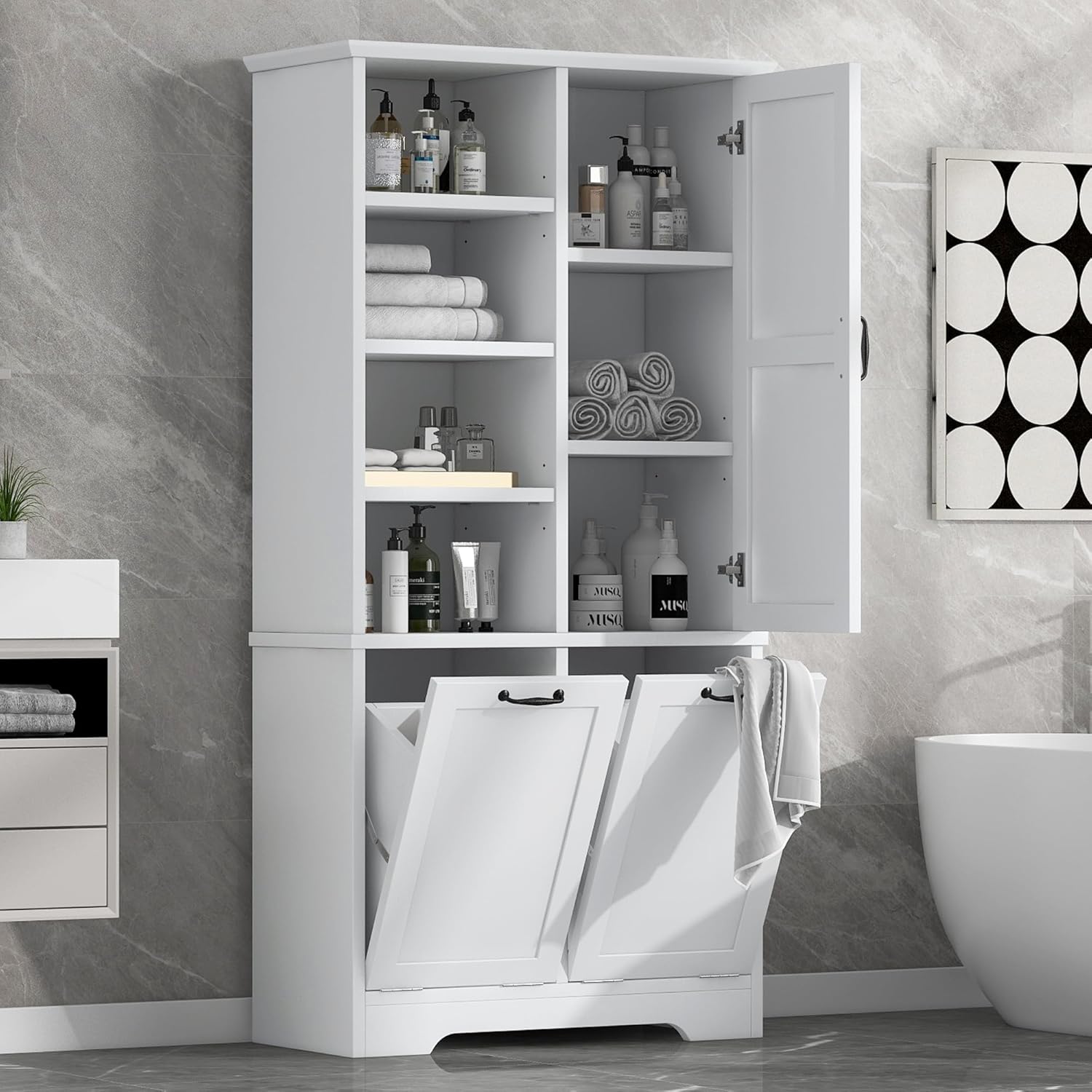 White Tall Bathroom Storage Cabinet with Laundry Hamper G1606