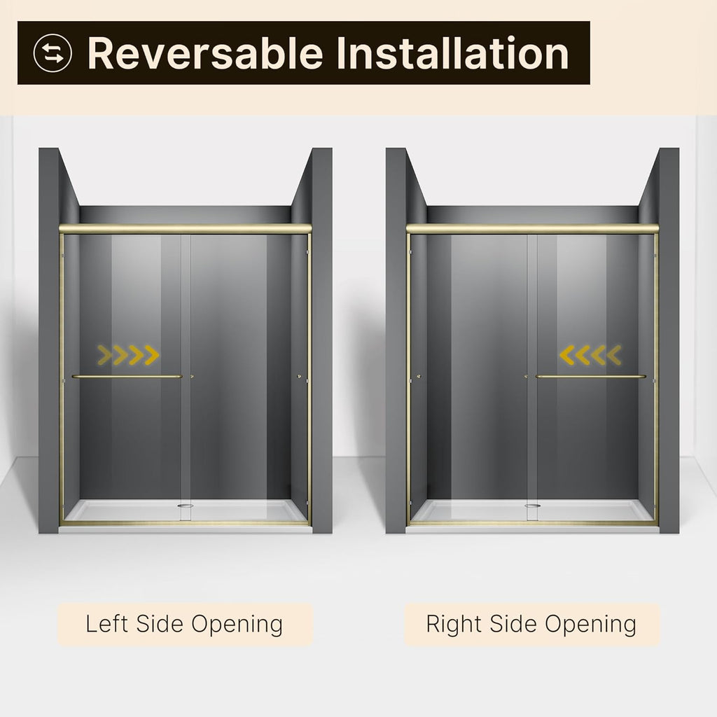 60 in. W x 72 in. H Double Sliding Semi-Frameless Shower Door, 1/4" Clear Tempered Glass, Brushed Gold Finish X95852
