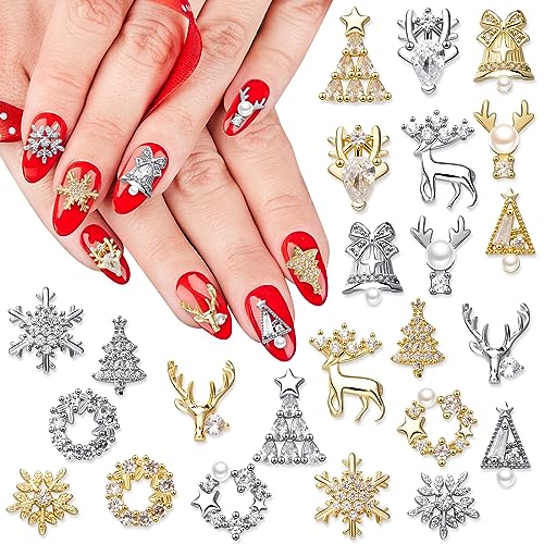 24 Pcs Christmas Nail Charms Rhinestones Snowflake Deer Wreaths Tree Bell Nail Gems 3D Gold Silver Art Jewels Metal Diamonds X573104