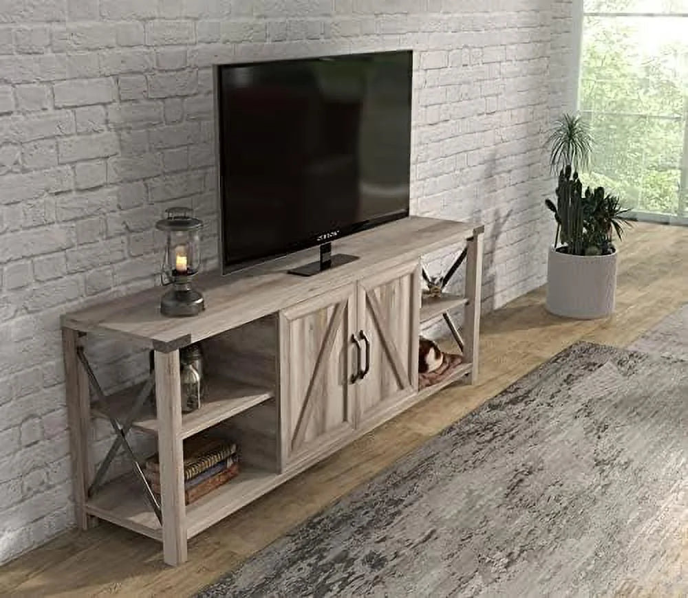 Farmhouse TV Stand Wooden Entertainment Center Console Table with 2 Drawers and 4 Compartment Television Stands with Adjustable Shelves M8600