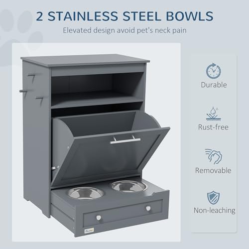 White Pet Feeder Station Storage Cabinet with Dog Raised Bowls M14826