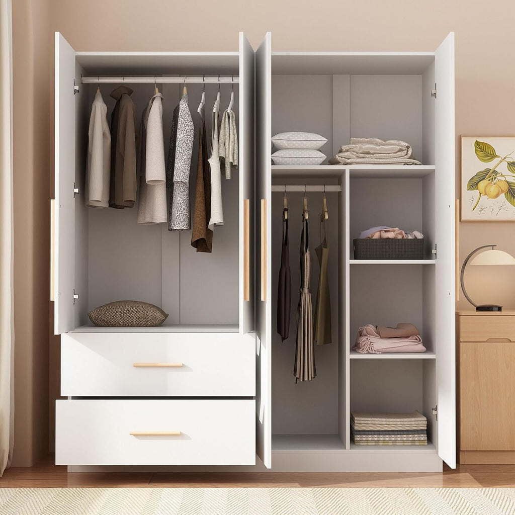 White 4-Door 2-Drawer Wood Wardrobe F87861