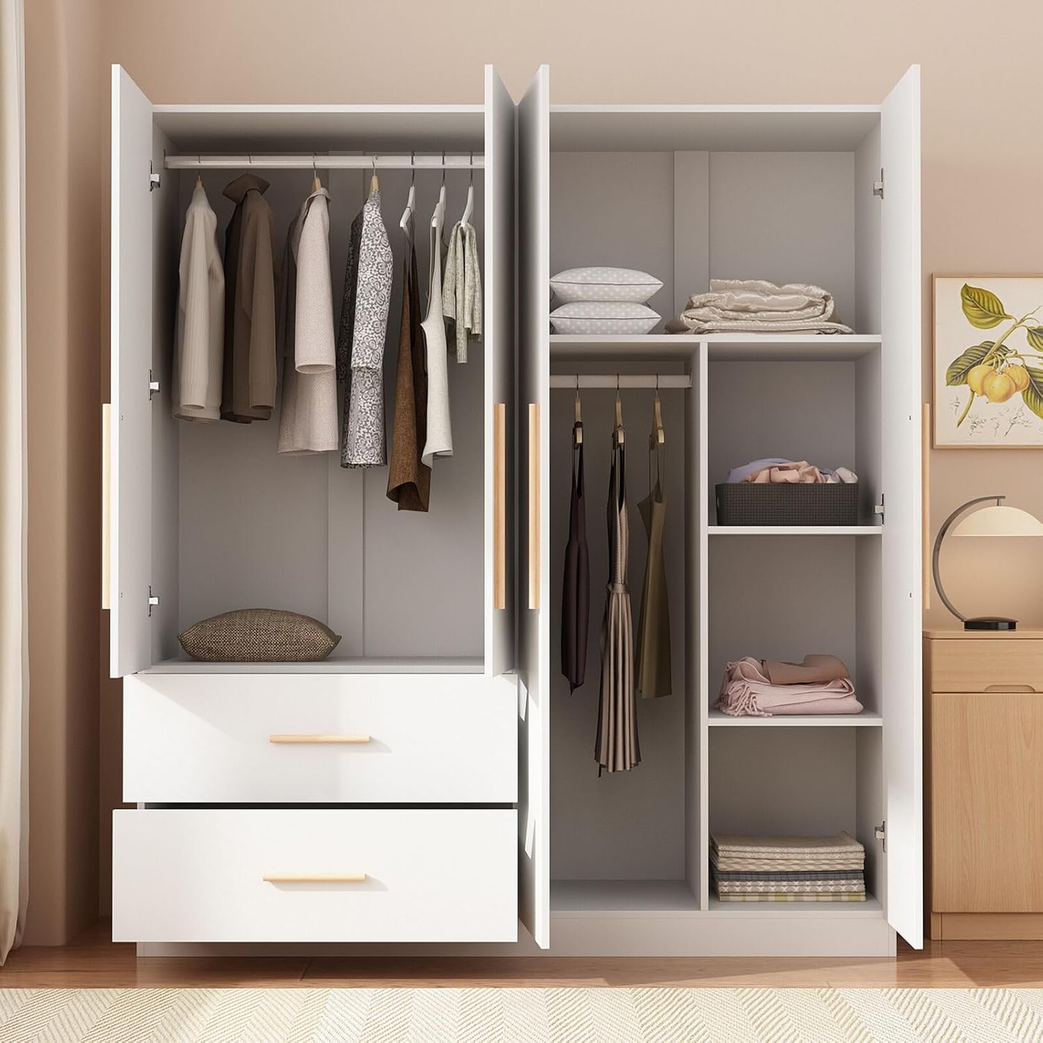 White 4-Door 2-Drawer Wood Wardrobe F87861