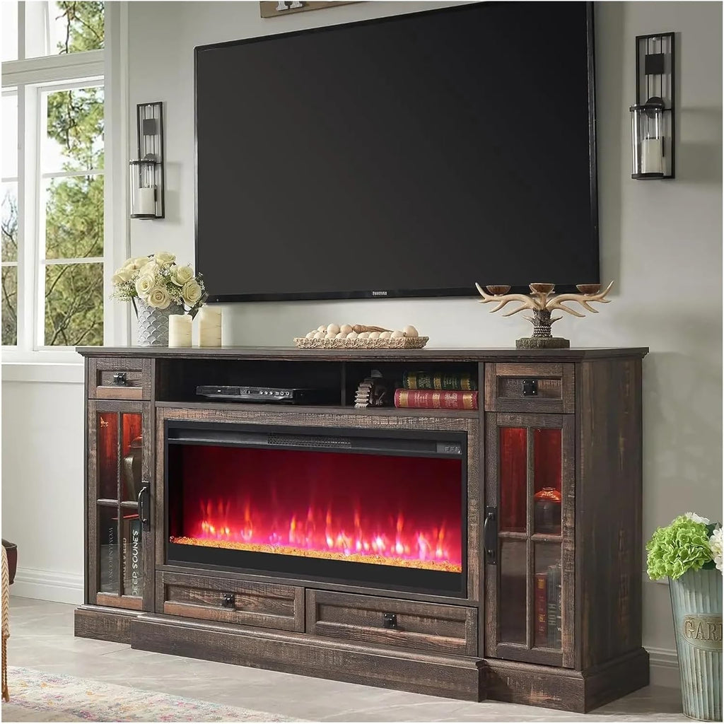 Entertainment center with LED lights and fireplace TV stand D328