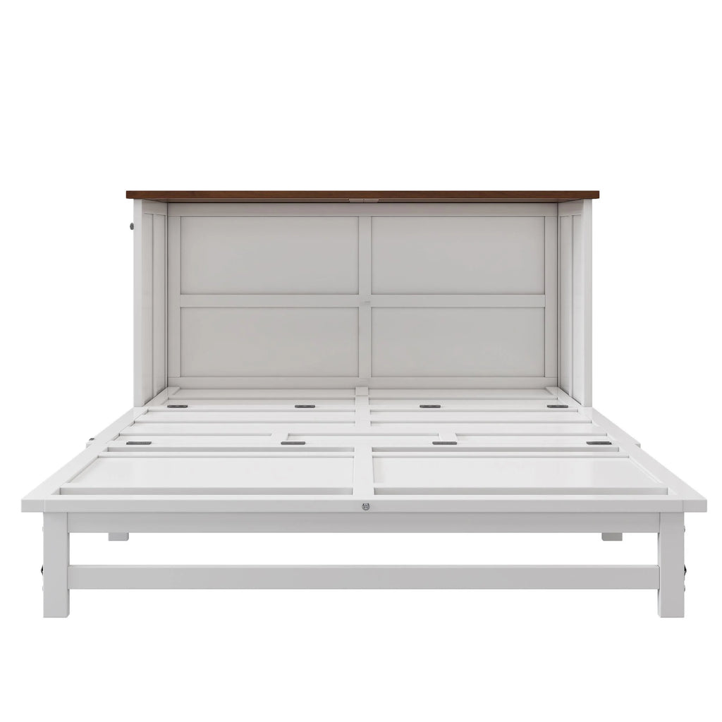White+Walnut Solid Wood Queen Size Murphy Bed with Storage Drawer Y192053