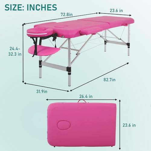 Black Aluminium Portable Massage Table 73 Inch 2 Fold Height Adjustable with Face Cradle Carry Case T441
