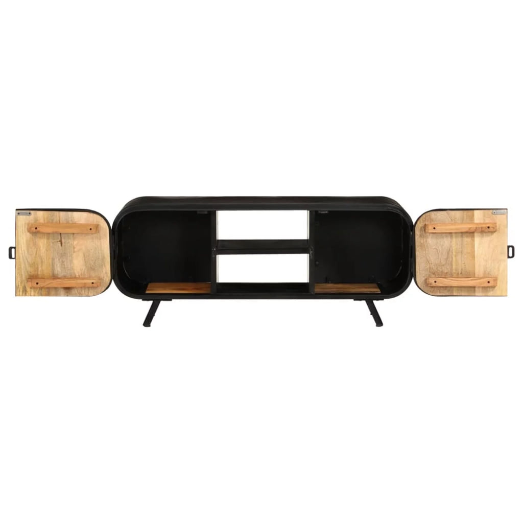 TV Stand with 2 Compartments and 2 Storage Shelves Rough Mango Wood Iron Legs E657