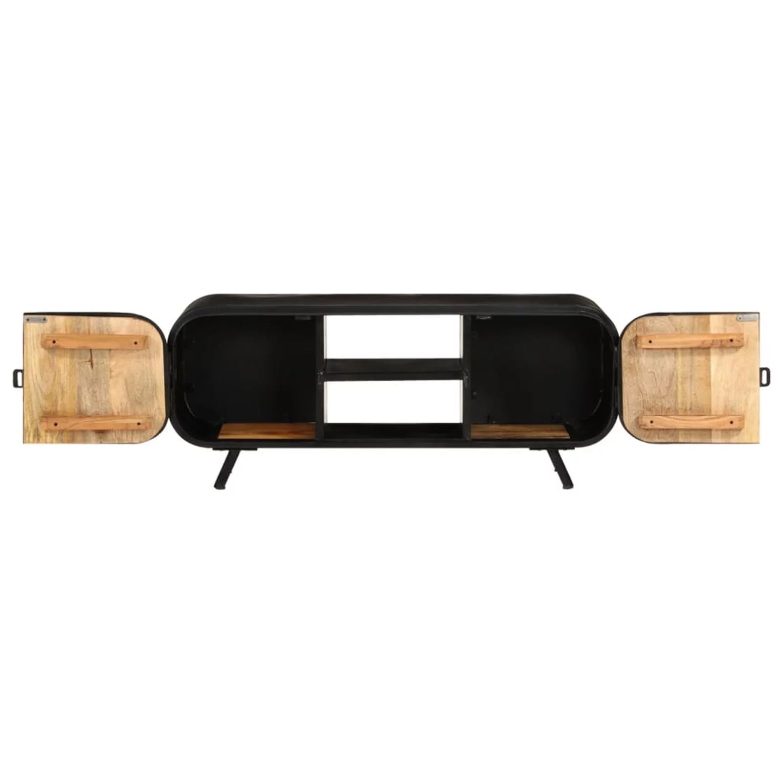 TV Stand with 2 Compartments and 2 Storage Shelves Rough Mango Wood Iron Legs E657