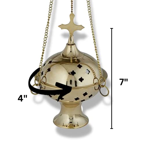 Brass Hanging Censer Incense Burner with Cross, 12 Inch Chain G701692