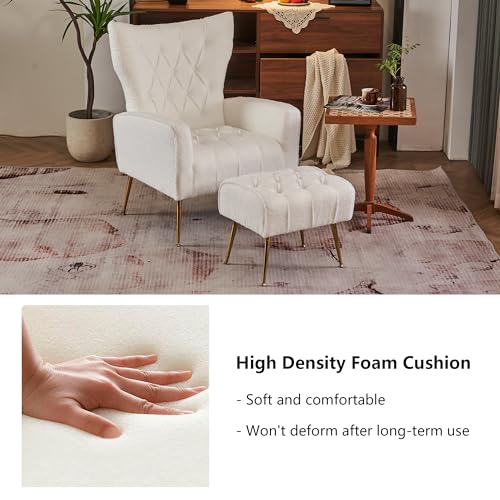 White Upholstered Boucle High Wingback Armchair with Gold Metal Legs Y66982