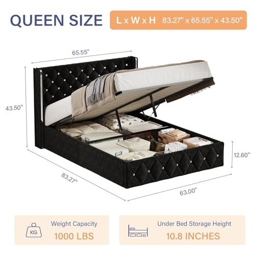 Black Velvet Full Size Lift Up Storage Bed Frame Y270023