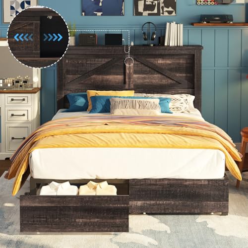 Grey King Bed Frame with Storage Drawers and Bookcase Headboard T8688