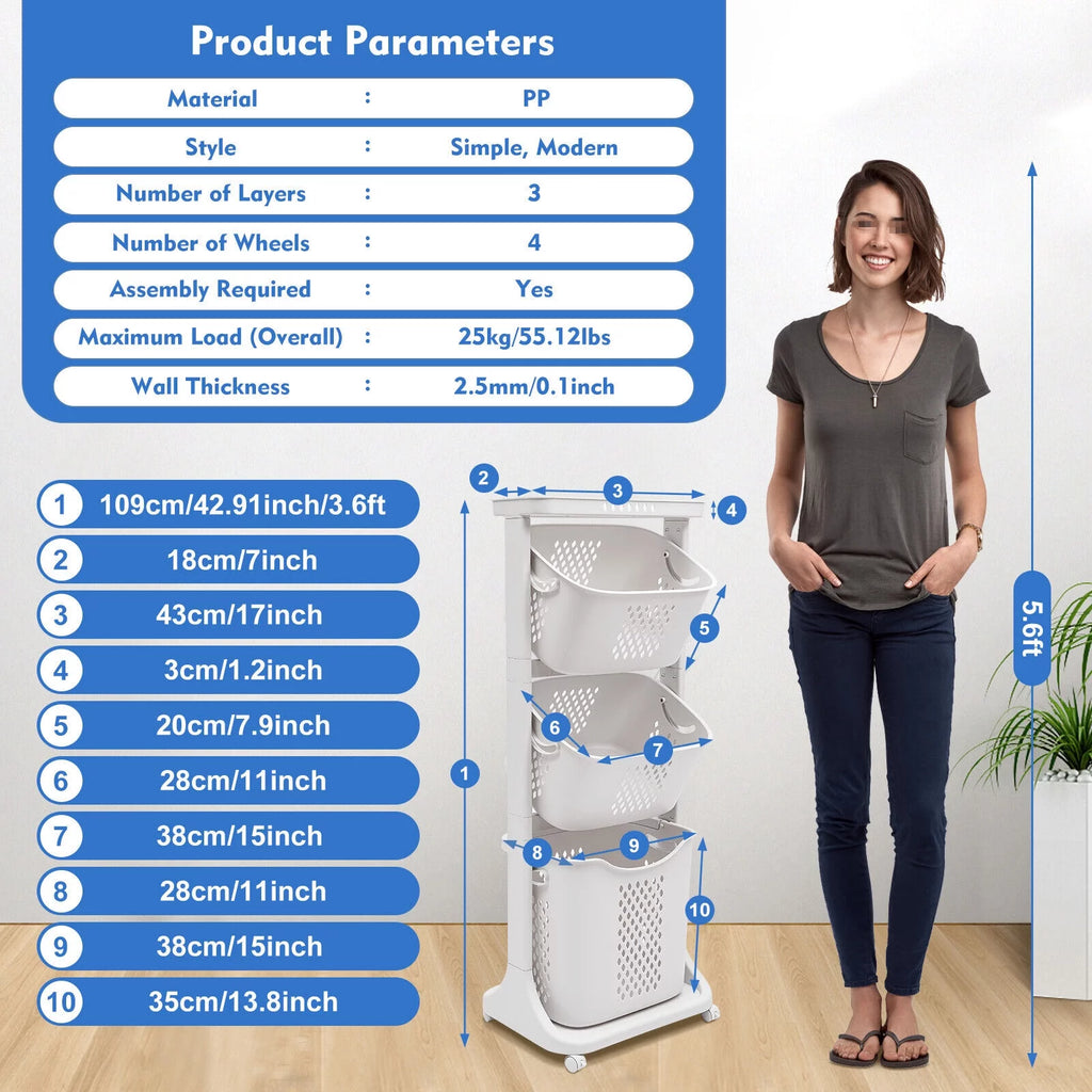 3-Tier Laundry Hamper Sorter Rolling Cart L5464