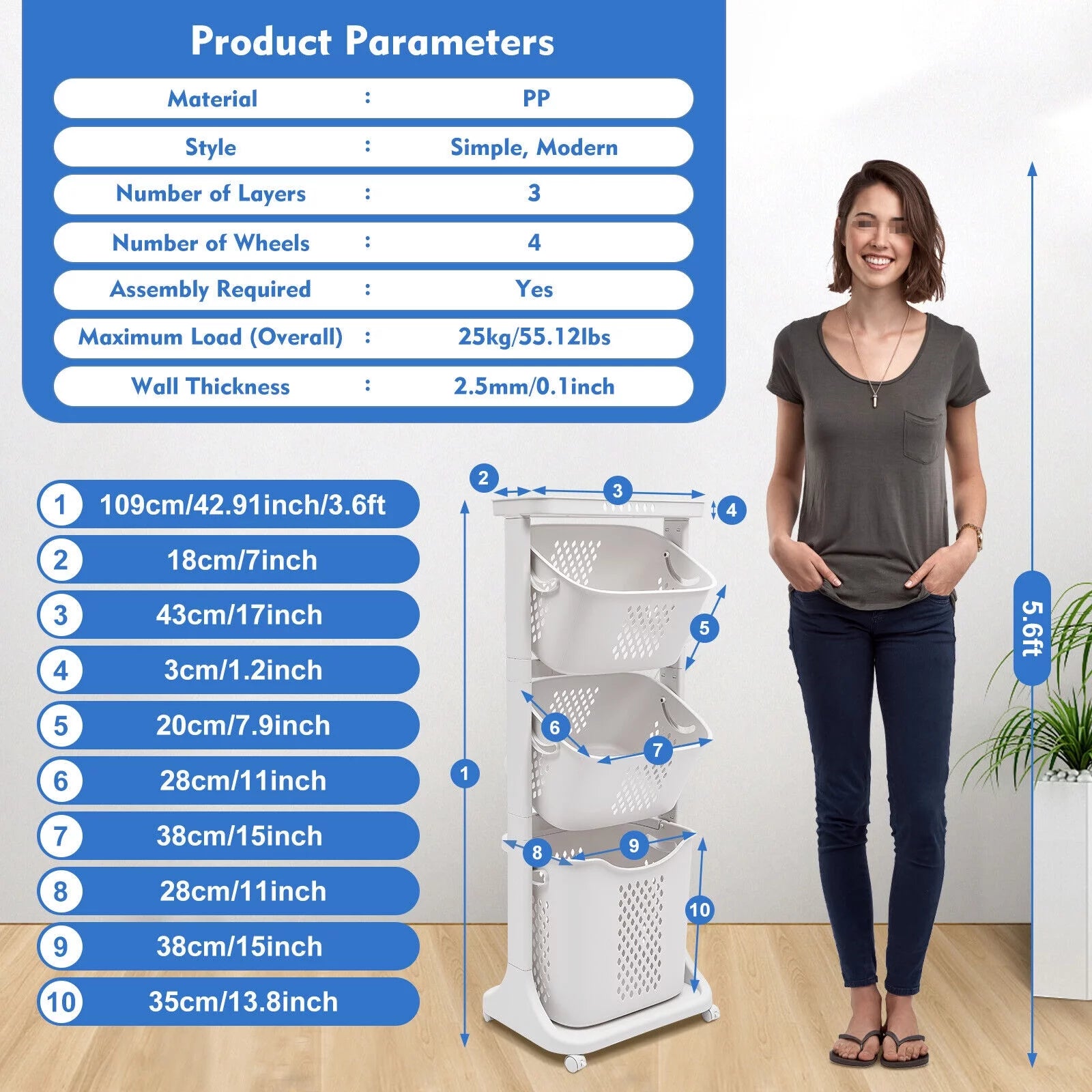 3-Tier Laundry Hamper Sorter Rolling Cart L5464