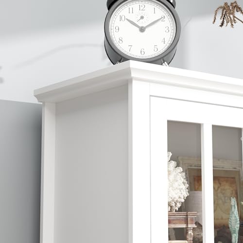 White Tall Bookshelf with Glass Doors, 4-Tier Shelf & 2 Drawers B63073