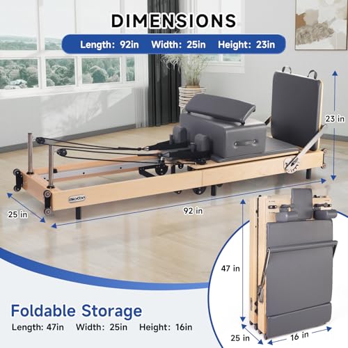 Foldable Wood Pilates Reformer with Sitting Box, Jump Board and Anti-Slip Mat M510884