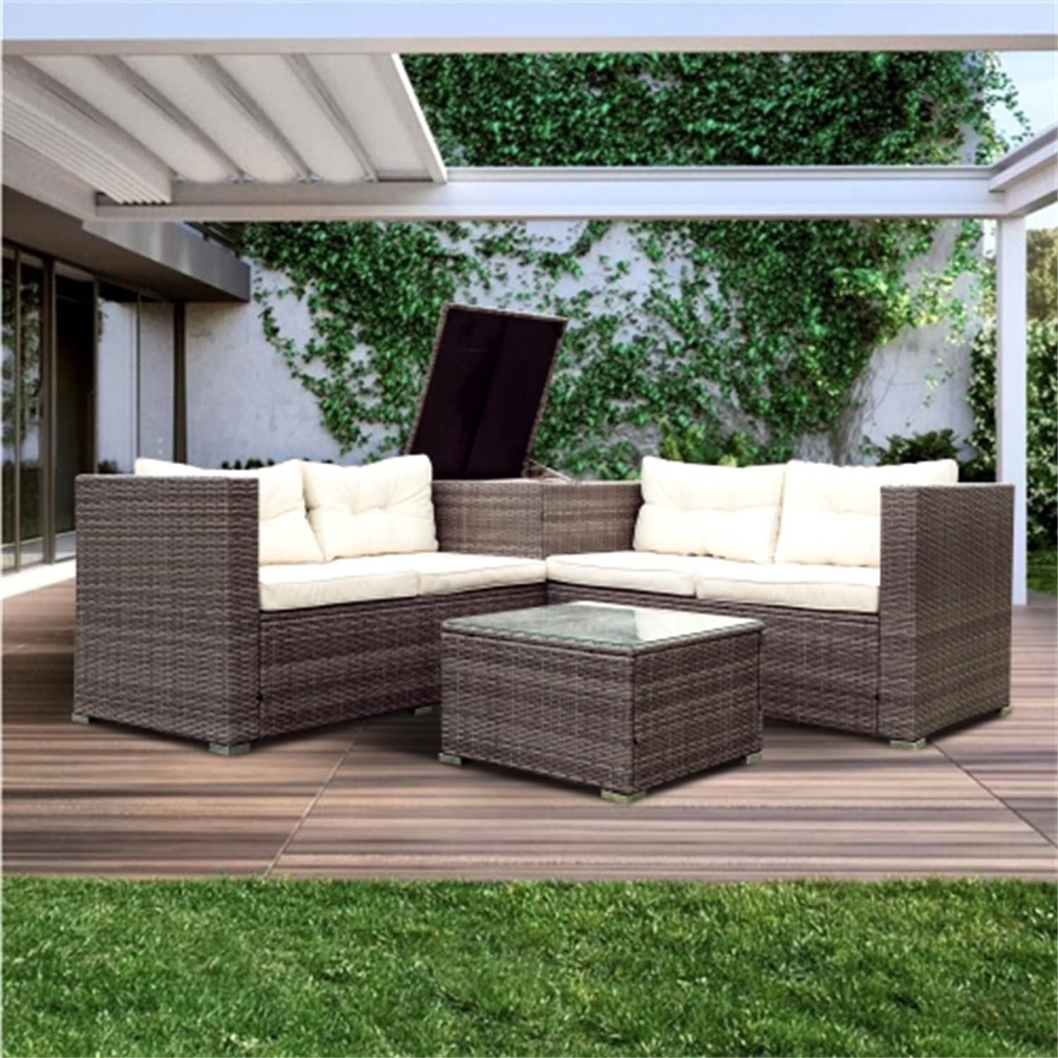 Grey Wicker Rattan Patio Sectional Sofa Set with Storage Box Y181