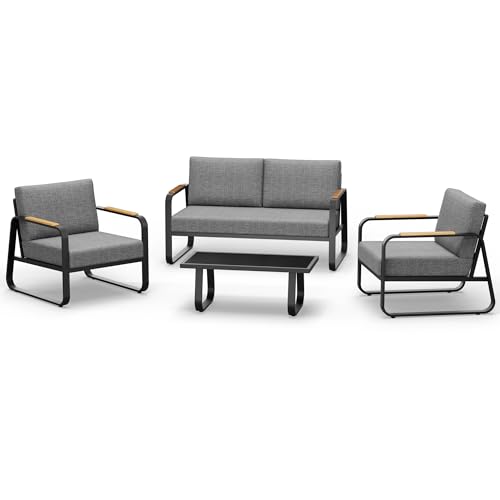 4-Piece Outdoor Patio Set with Sofa, Tempered Glass Table, Black & Dark Grey X598
