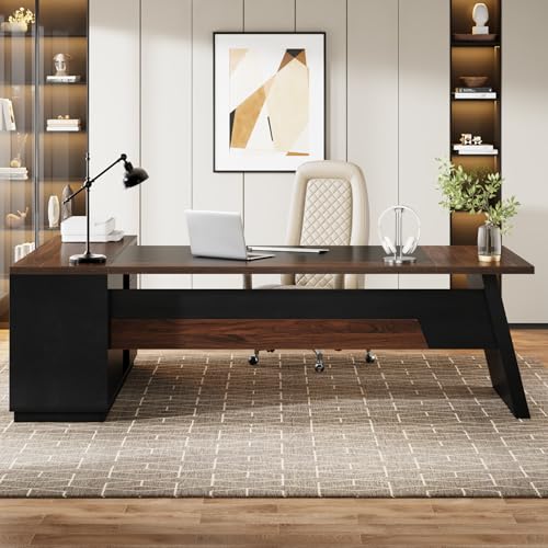 78" L-Shaped Executive Desk with Drawers and Lateral File Cabinet, Walnut & Black I747