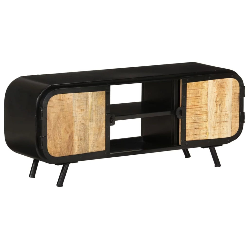 TV Stand with 2 Compartments and 2 Storage Shelves Rough Mango Wood Iron Legs E657