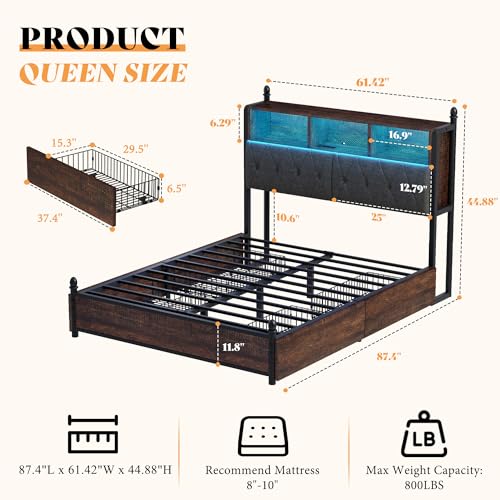 Full Size Bed Frame with Bookcase Headboard, 4 Storage Drawers, Wooden Platform Bed with Charging Station & LED Light, Rustic Brown W842