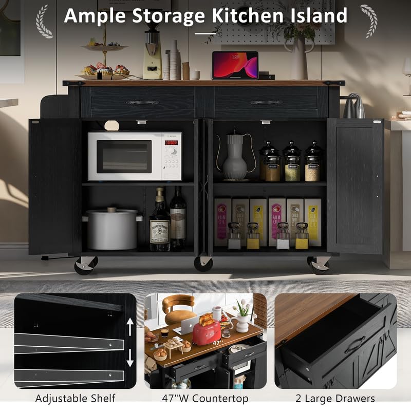 Black Farmhouse Kitchen Island with Power Outlet and Drop Leaf R30551