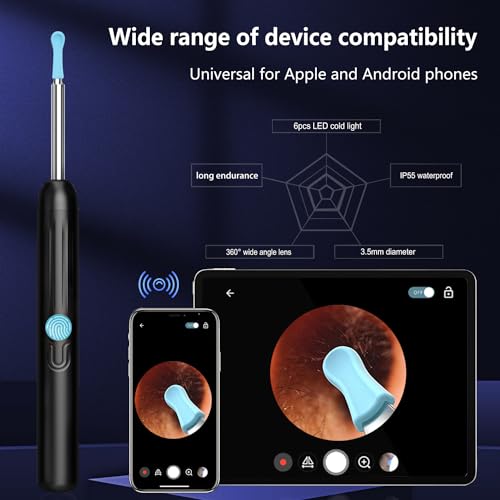 Black Wireless Ear Otoscope with Camera and 8 Pcs Ear Set T4977