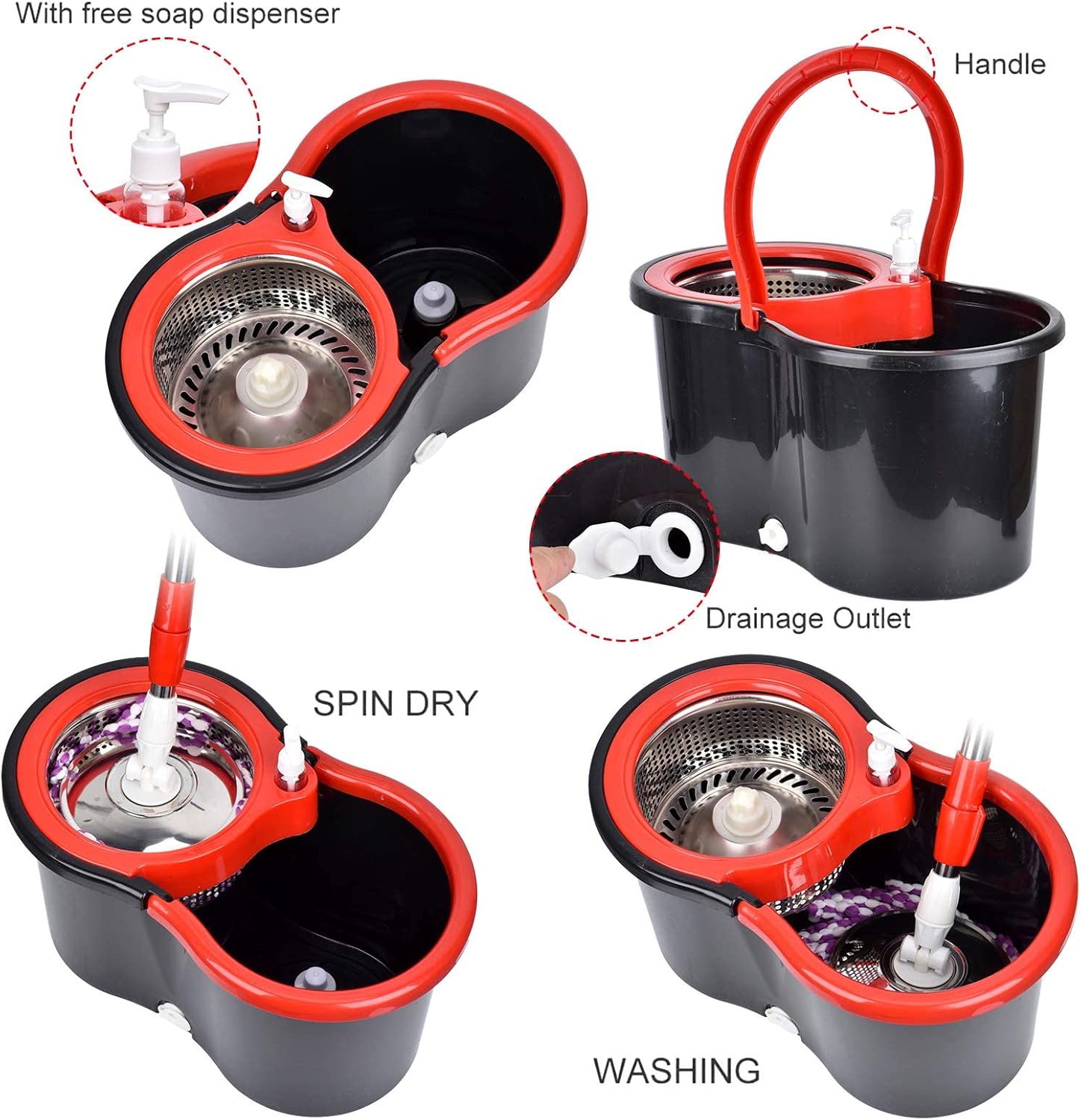 Black 20QT Mop Bucket with Wringer Set and 3 Microfiber Mop Head S4838