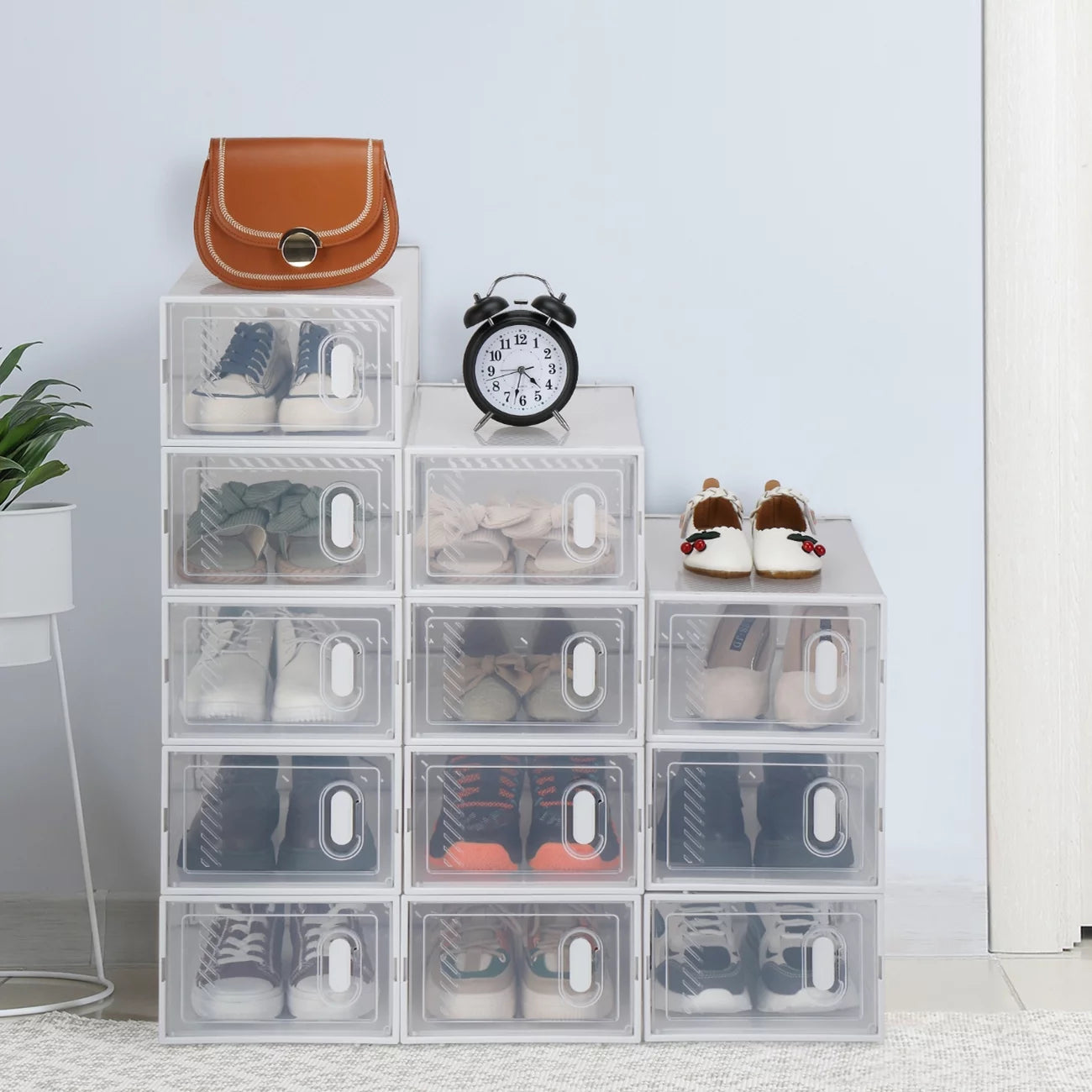 12 Packs White Clear Lid Foldable Stackable Shoe Storage Boxes Z28607