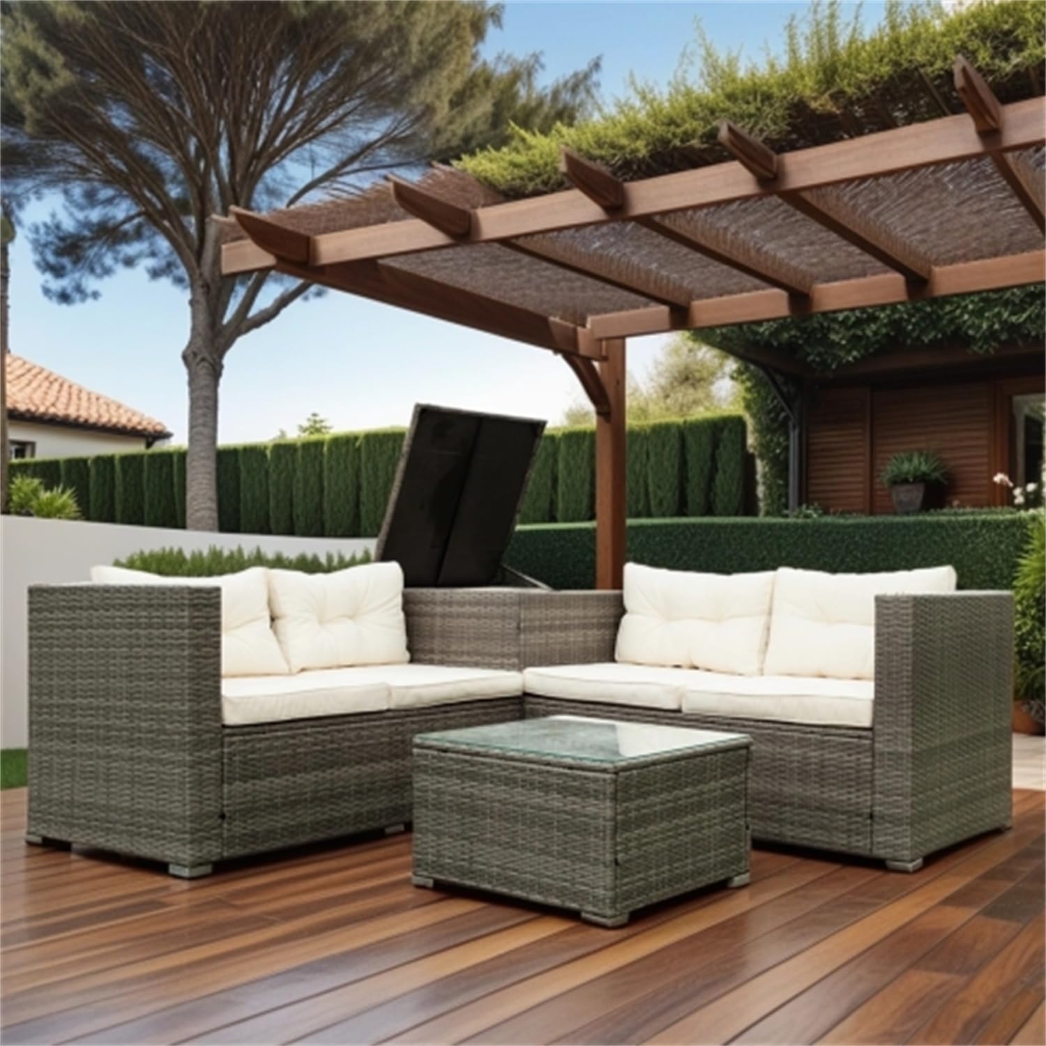 Grey Wicker Rattan Patio Sectional Sofa Set with Storage Box Y181