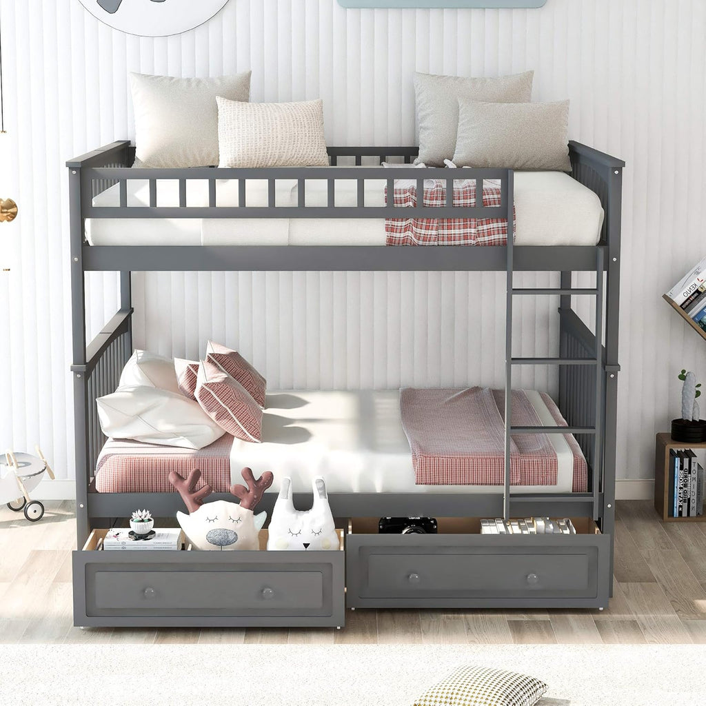 Gray Full Over Full Bunk Bed with Drawers Wood Bedframe O322