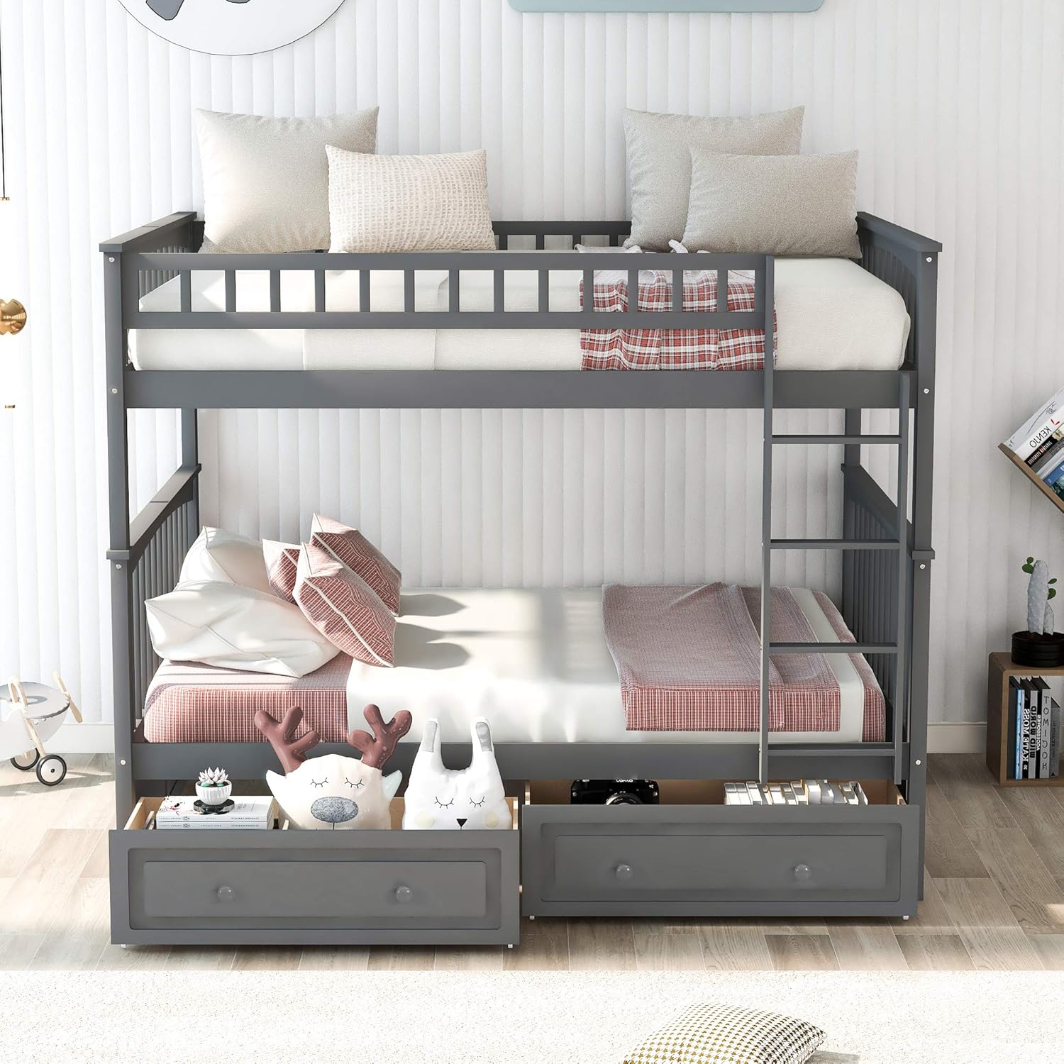 Gray Full Over Full Bunk Bed with Drawers Wood Bedframe O322