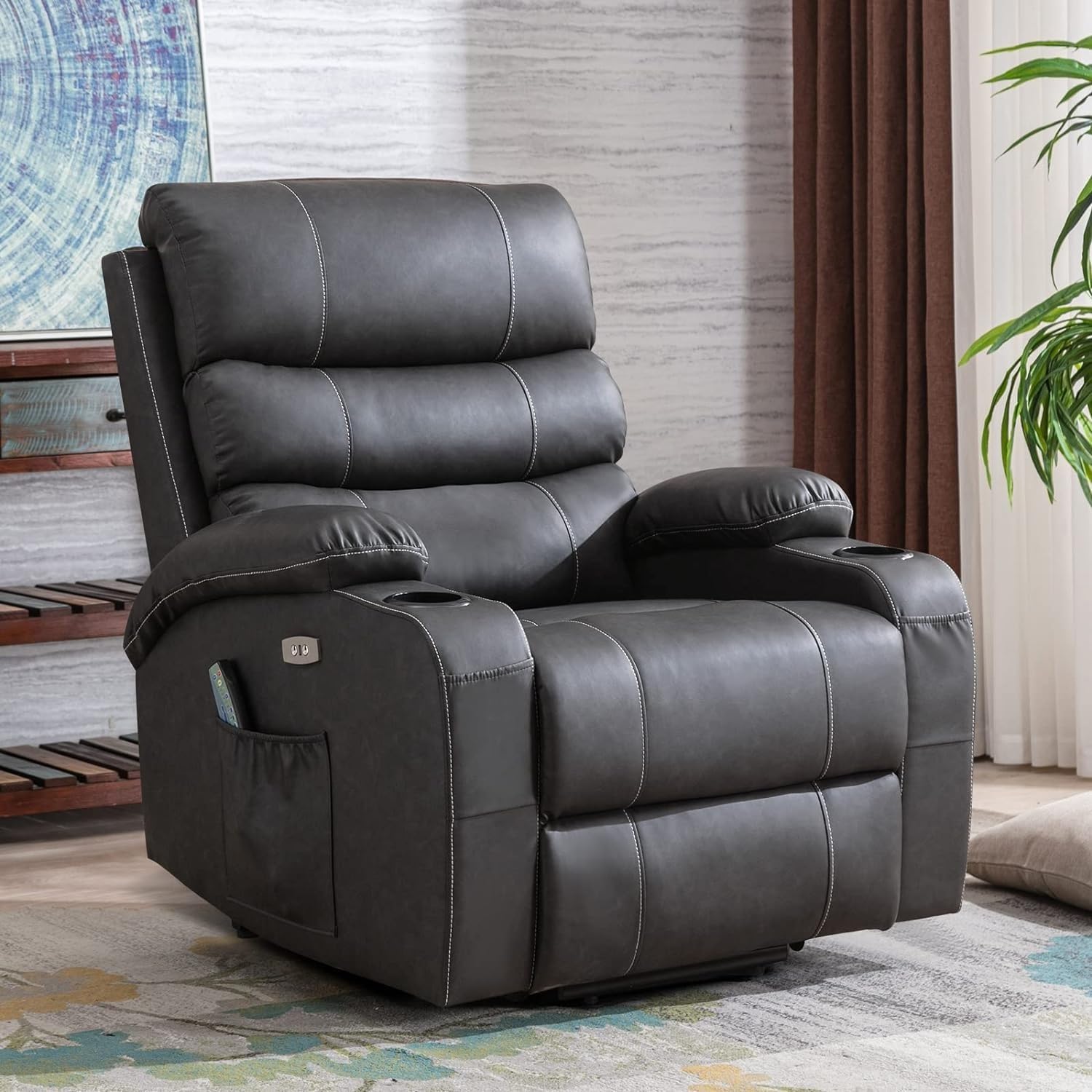 Power Lift Recliner Chair with Heat and Massage, Electric Recliner Chairs with Standing Assistance, 2 Cup Holders, USB Charge Port, Breathable Leather J716
