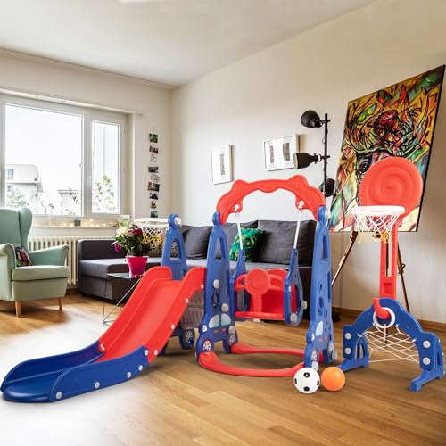 5 in 1 Toddler Slide and Swing Set with Basketball Hoop, Football Gate Q412838