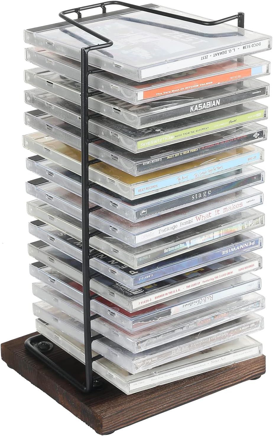 Matte Black Metal Wire Vertical CD Holder with Burnt Wood Base, Holds 15 Jewel Cases T10189