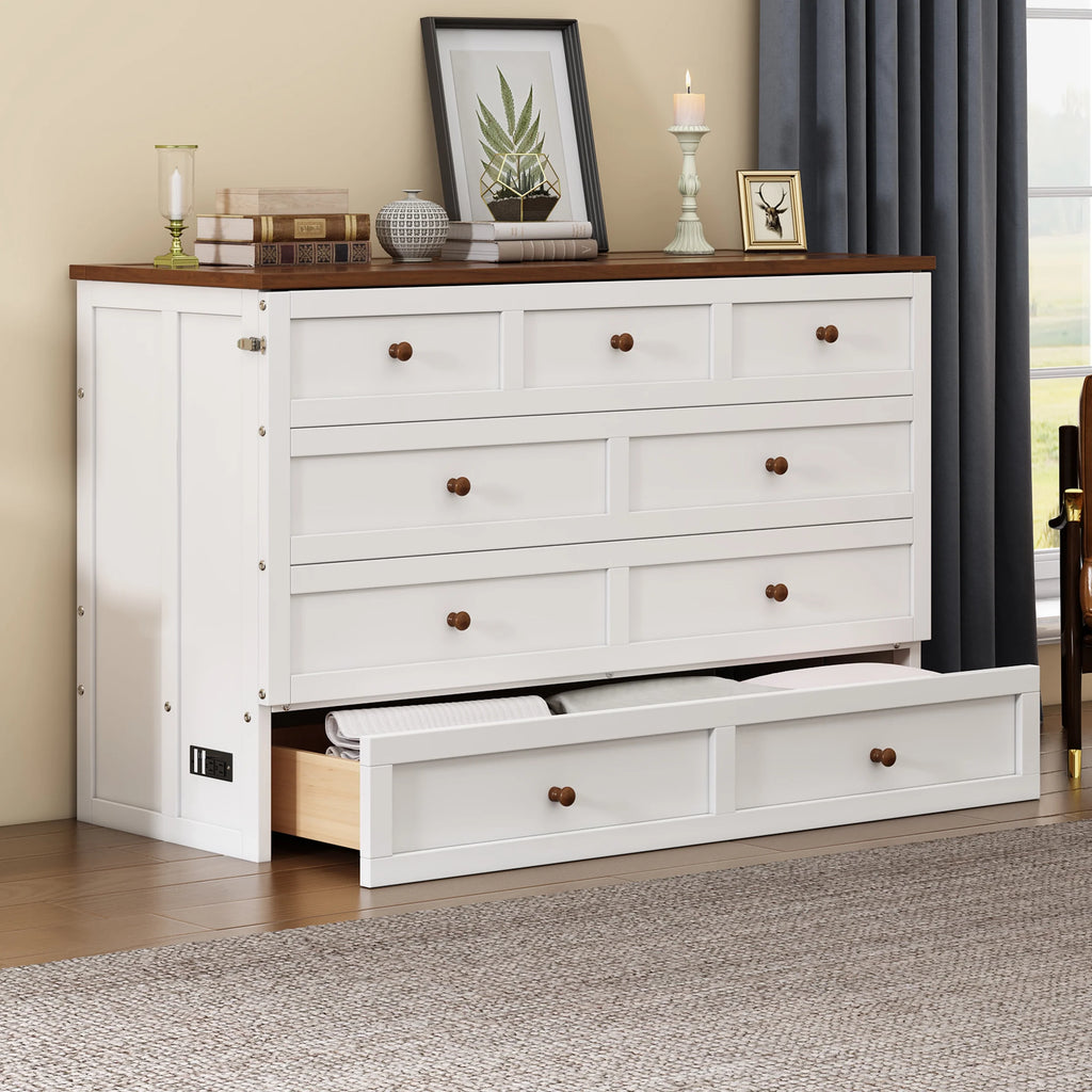 White+Walnut Solid Wood Queen Size Murphy Bed with Storage Drawer Y192053