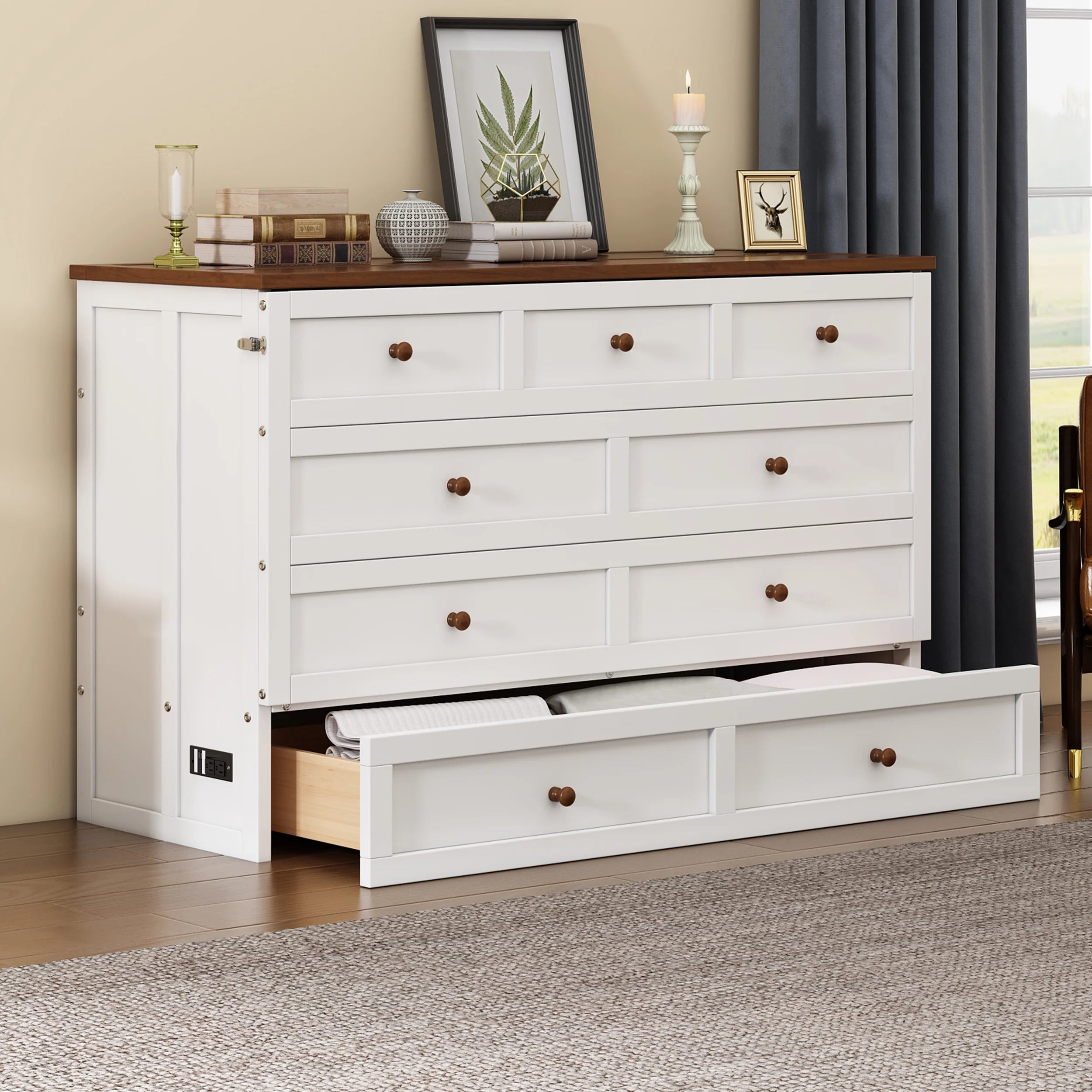 White+Walnut Solid Wood Queen Size Murphy Bed with Storage Drawer Y192053