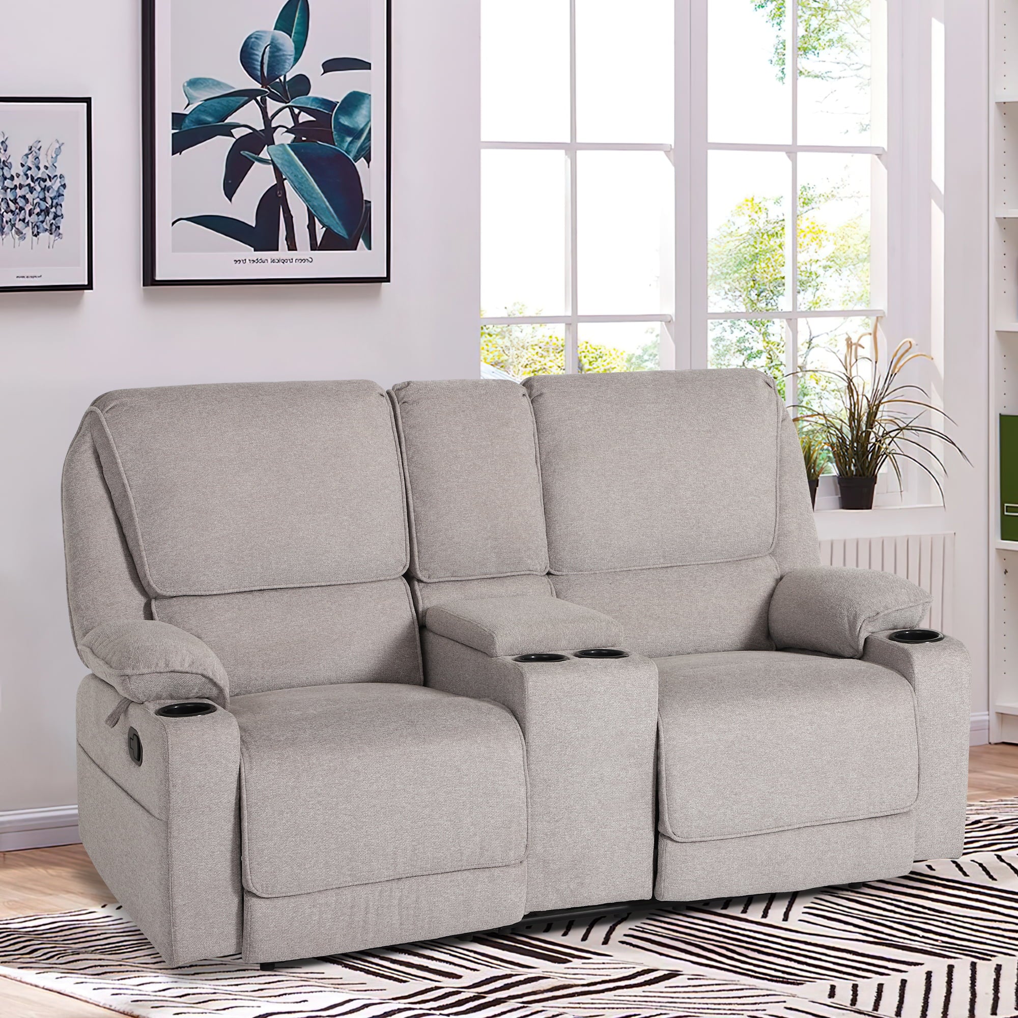 Light Gray 2 Seater Manual Reclining Sofa with Cup Holders T64401