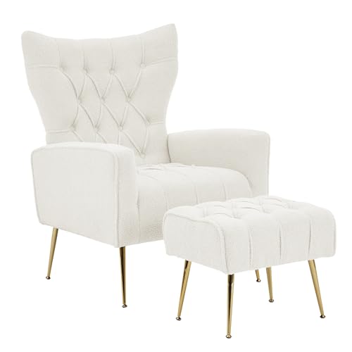 White Upholstered Boucle High Wingback Armchair with Gold Metal Legs Y66982