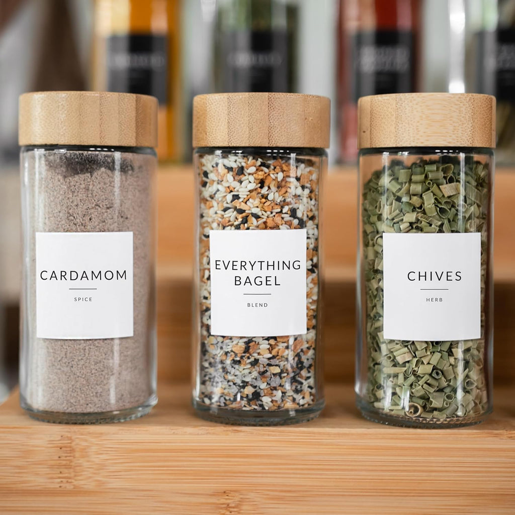 24 Glass Spice Jars with Bamboo Lids and Labels B84184