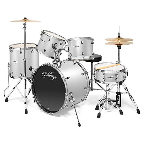 5-Piece Full Size Adult Drum Set with Remo Heads & Premium Brass Cymbals - Silver L425