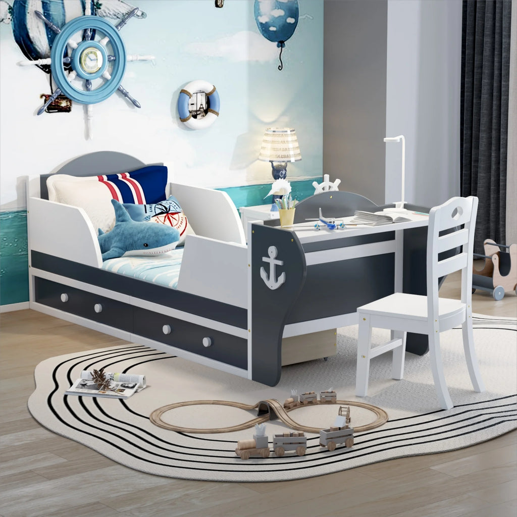 White Gray Twin Size Platform Bed with Two Drawers H973536