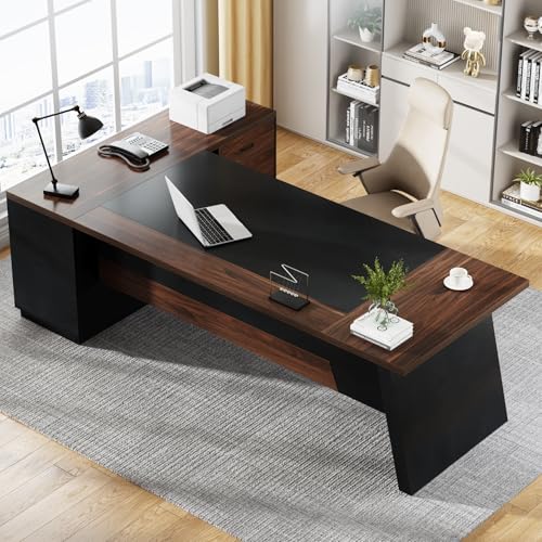 78" L-Shaped Executive Desk with Drawers and Lateral File Cabinet, Walnut & Black I747