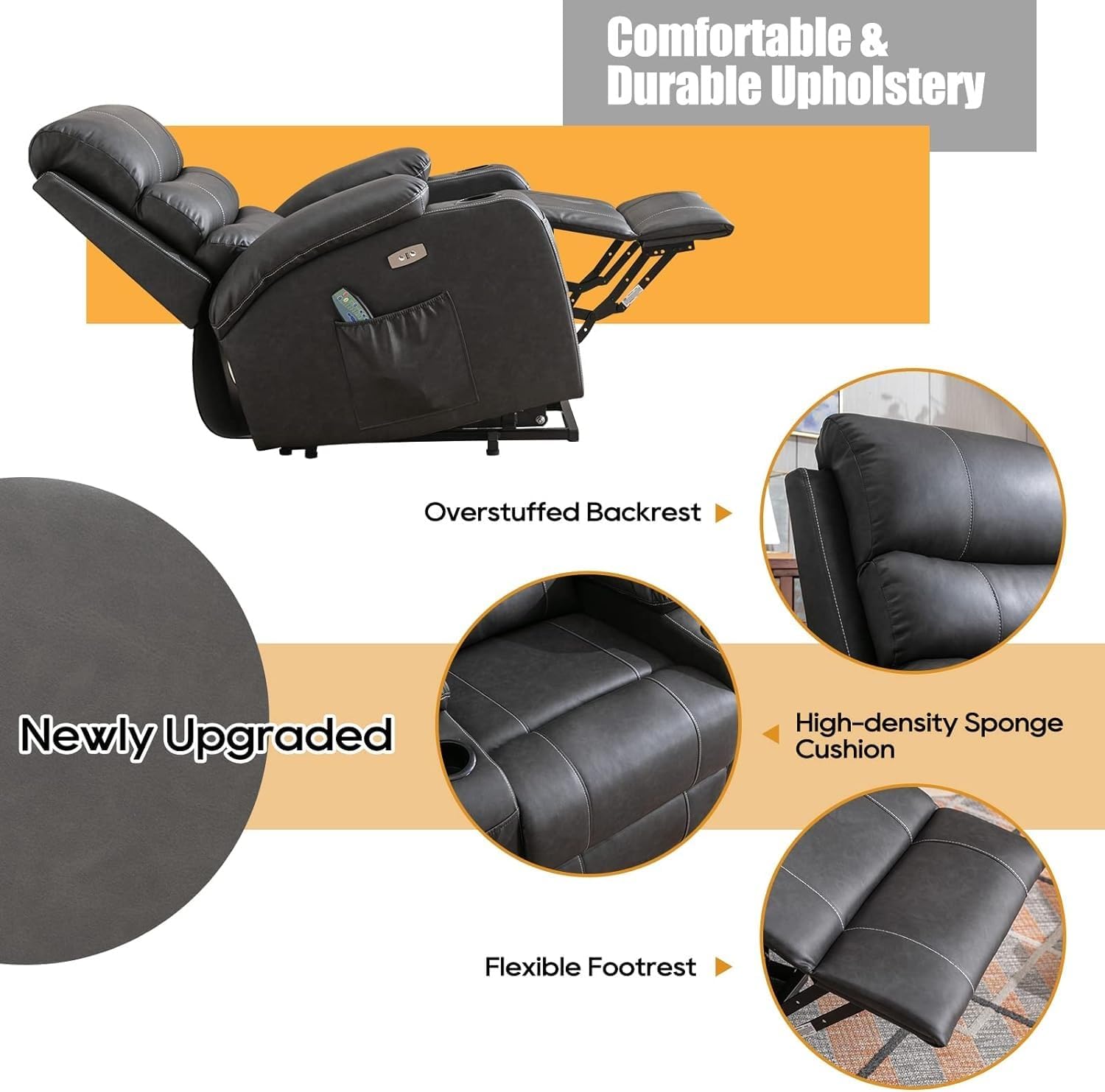 Power Lift Recliner Chair with Heat and Massage, Electric Recliner Chairs with Standing Assistance, 2 Cup Holders, USB Charge Port, Breathable Leather J716