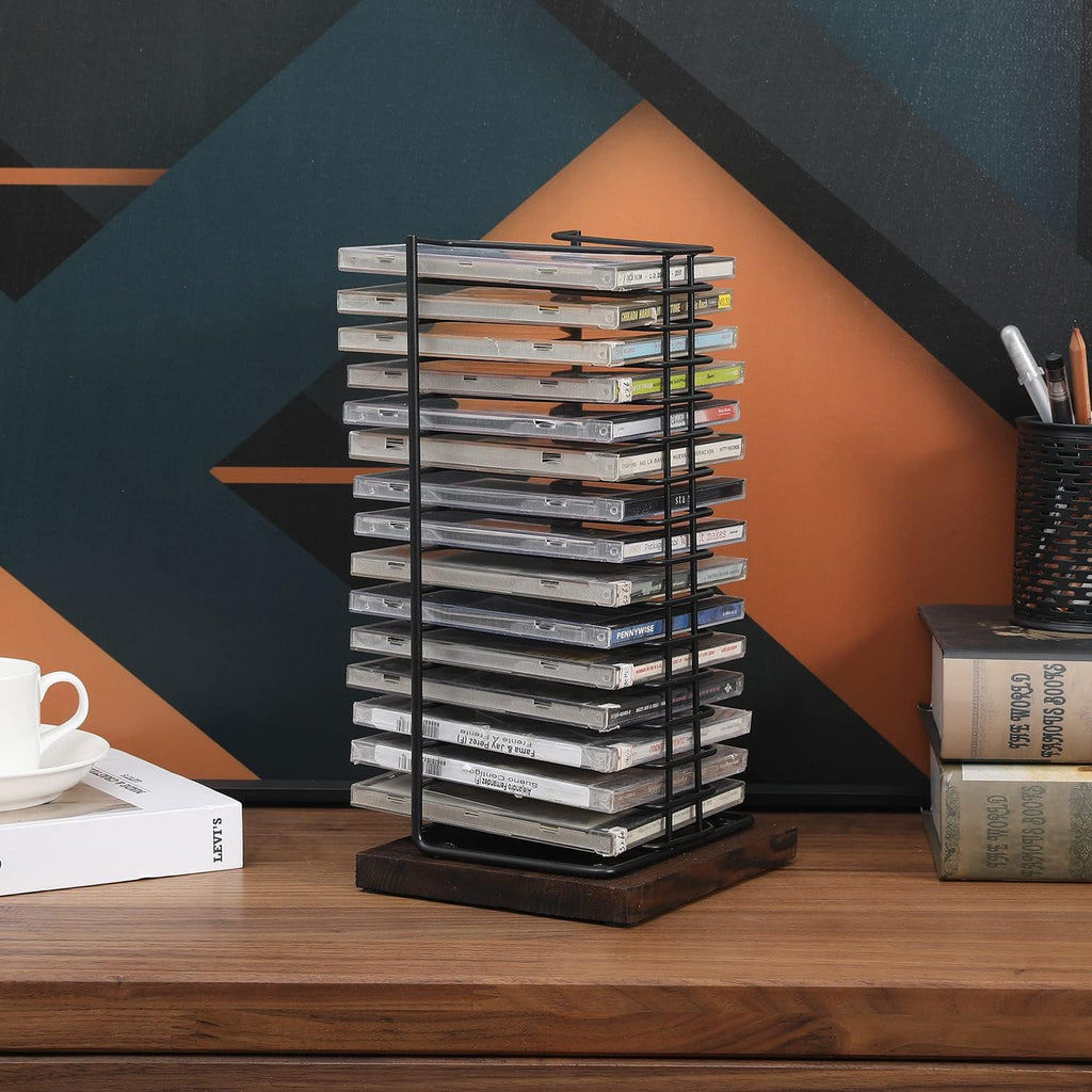 Matte Black Metal Wire Vertical CD Holder with Burnt Wood Base, Holds 15 Jewel Cases T10189